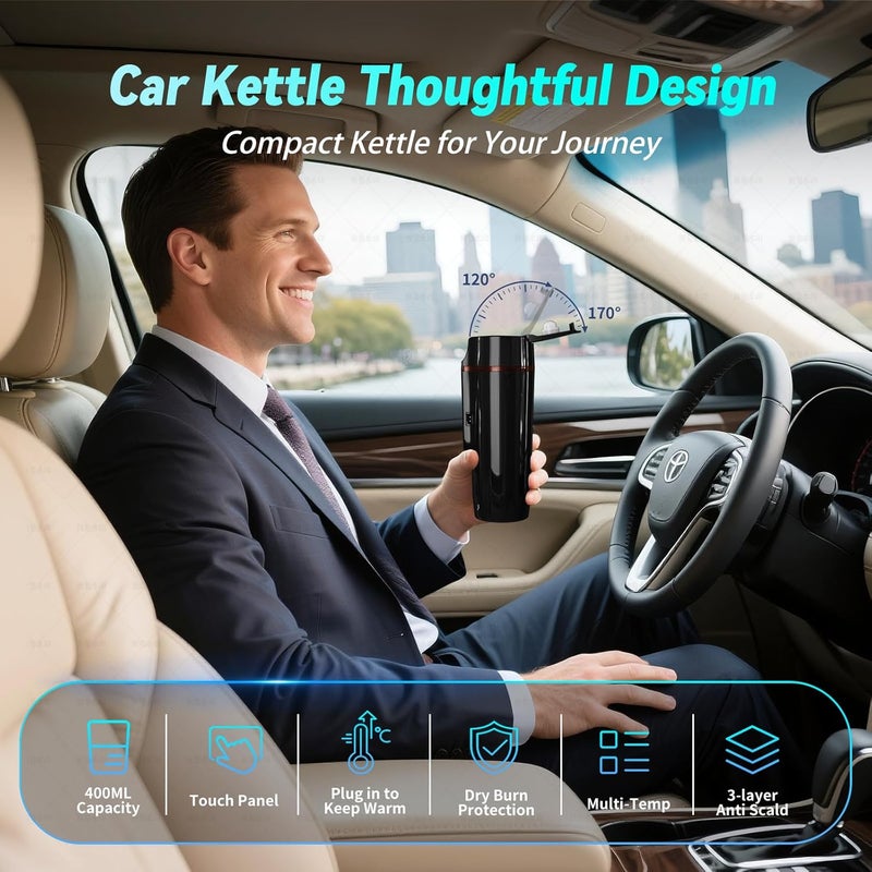 FVPE Car Electric Kettle for Travel : 12V/24V Small Electric Water Kettle, Multi-Temp Control 400 mL Portable Car Water Boiler for Brewing Coffee Tea,LCD Display 304 Stainless Steel Truck Heating Cup - Image 2